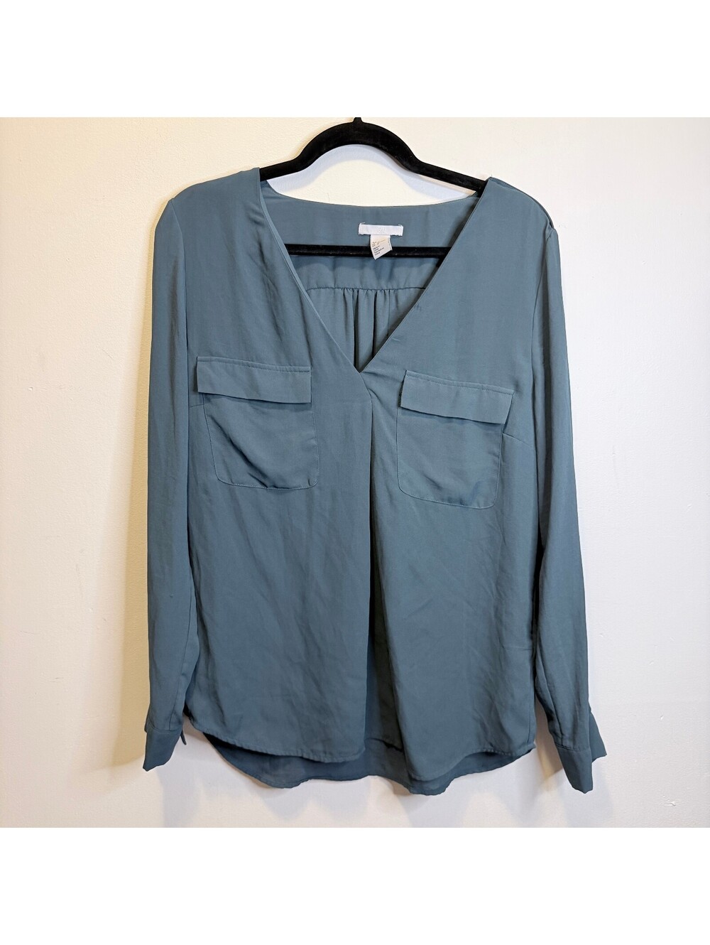 H&M Size 14 Teal Green V Neck Utility Blouse Double Pocket Long Sleeve Top
